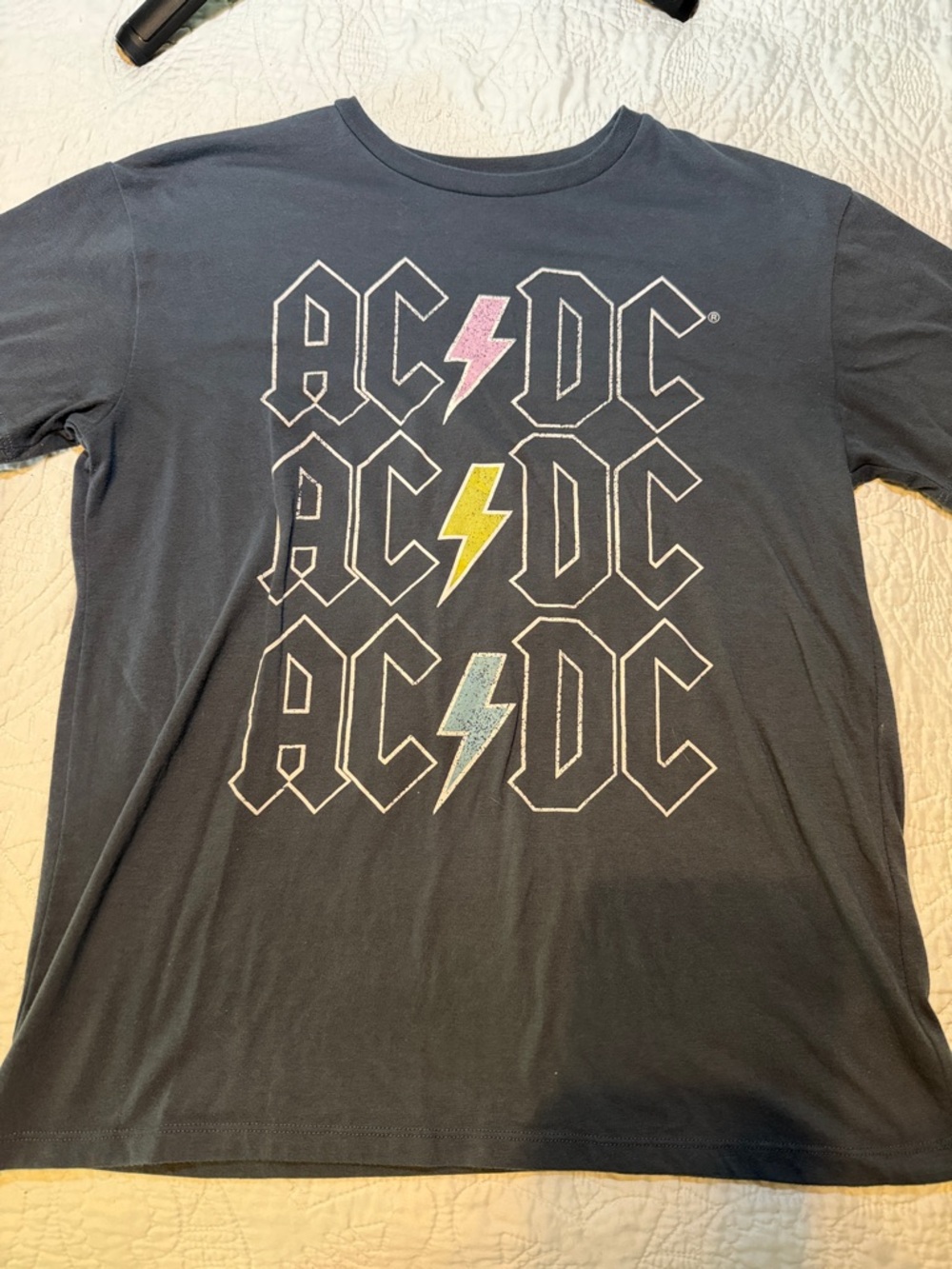 AC/DC Black Tee with Pink, Yellow & Light Blue Lightning Bolts